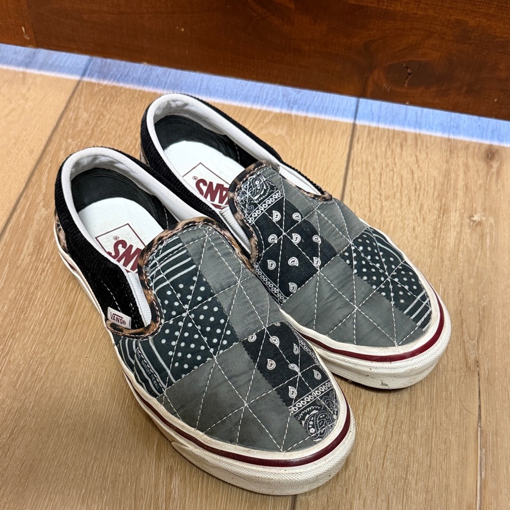 Vans Quilted Patchwork Slip-On Sneakers - Black and Green, Leopard